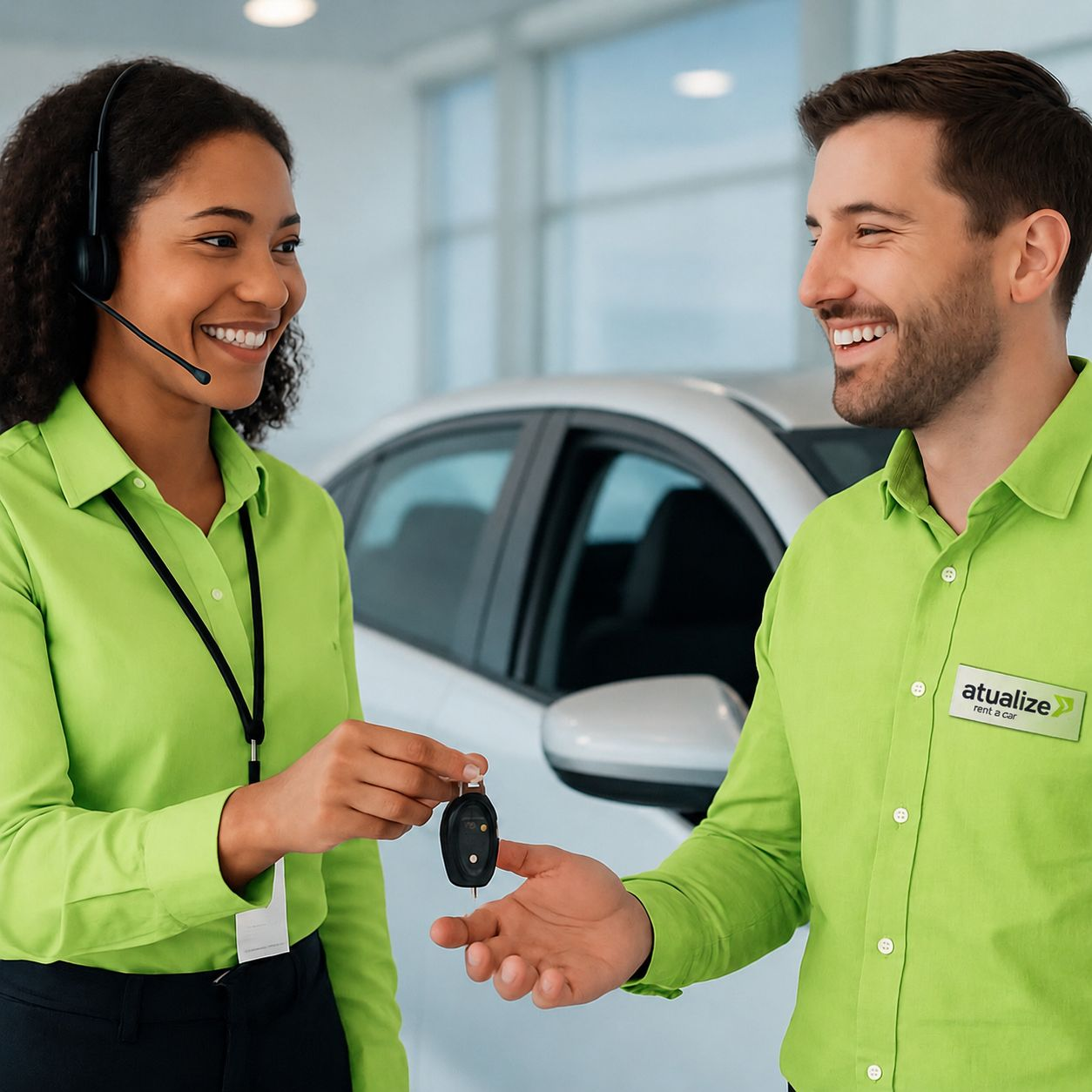 Equipe da ATUALIZE RENT A CAR entregando as chaves a um motorista de aplicativo